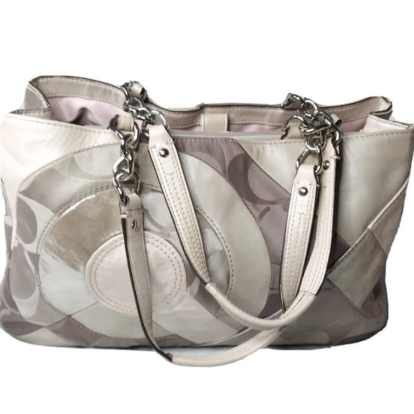 Coach Inlaid Patchwork Leather Chain Tote Bag F20013 Brown/Gold MSRP $468 - Picture 6 of 11